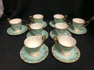 SET OF 8 ROYAL CROWN DERBY "VINE" TURQUOISE AND WHITE DEMI-TASSE  ENGLAND