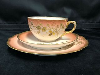 HAND PAINTED PEACH AND GOLD LIMOGES CUP-SAUCER AND DESSERT PLATE