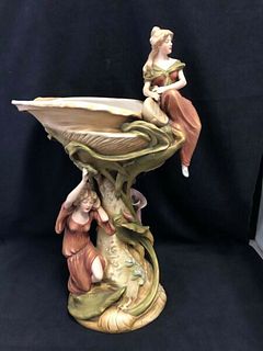 TALL ROYAL DUX ART NOUVEAU FIGURINE WITH TWO PRETTY MAIDENS- CENTRE PIECE