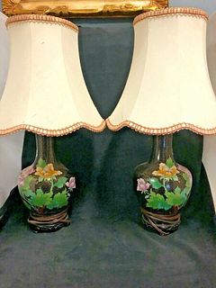 Pair of vintage Black Chinese cloisonné Lamps with colorful flowers 12"