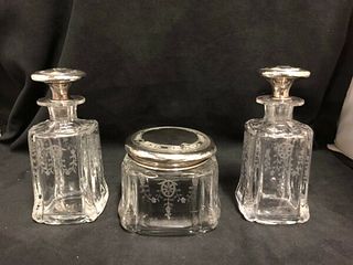 AMERICAN GORHAM STERLING and HAWKES GLASS 3 PIECE DRESSER SET