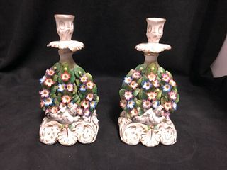  PAIR OF PORCELAIN BOCAGE CANDLE HOLDERS WITH LOTS OF FLOWERS AND CHICKENS
