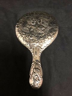 PRETTY ART NOUVEAU STERLING SILVER HAND MIRROR WITH ANGELS