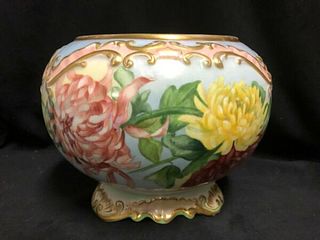 ANTIQUE FRENCH HAND PAINTED PORCELAIN FLORAL JARDINIERE