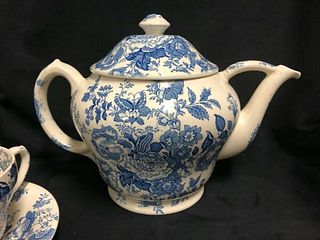 Large oversized Blue  and white English Teapot With Matching cup and saucer