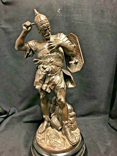 A 19TH CENTURY CONTINENTAL SPELTER FIGURE OF A SOLDIER/WARRIOR 18"