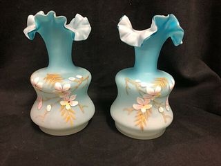 Pair of Victorian hand painted satin glass vases