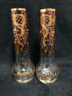 Fine pair of Antique hand painted & enameled bud vases 7"