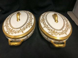 PAIR OF ANTIQUE WHITE AND GOLD FRENCH LIMOGES   PORCELAIN COVERED ENTREE DISHES