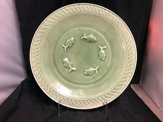 LARGE ANTIQUE CHINESE CELADON PLATE WITH FISH DESIGN