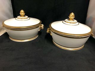 ANTIQUE WHITE AND GOLD FRENCH PORCELAIN LIDDED VEGETABLE DISHES