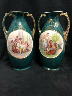 Pair of English Victorian Porcelain Pictorial Transfer ware vases 13"