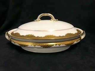 BEAUTIFUL MINTON HAND PAINTED GOLD AND WHITE COVERED VEGETABLE DISH