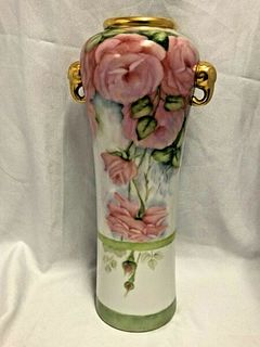 PRETTY HAND PAINTED PORCELAIN VASE WITH ROSES SIGNED HUNTER