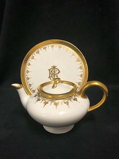 Limoges Haviland France- Porcelain Teapot and plate gold & white