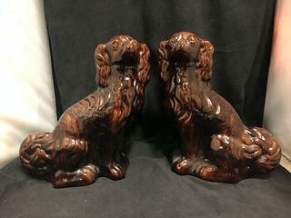 PAIR OF BROWN STAFFORDSHIRE MANTEL DOGS (CONDITION NOTED)