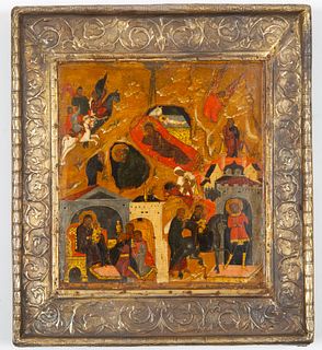 A RUSSIAN ICON OF THE NATIVITY, DORMITION AND OTHER SCENES, 17TH CENTURY