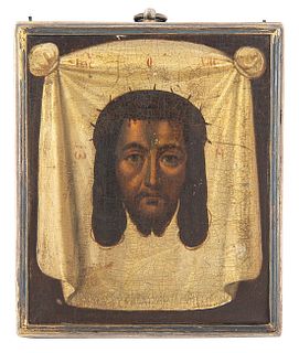 A RUSSIAN ICON OF THE MANDYLION (SPAS NERUKOTVORNY) WITH SILVER FRAME, ST. PETERSBURG, 1868