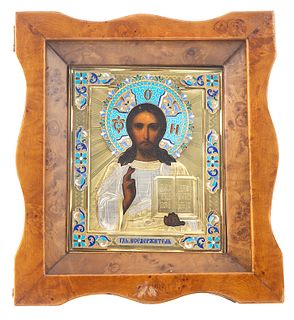 A RUSSIAN ICON OF CHRIST PANTOCRATOR WITH SILVER GILT AND ENAMEL OKLAD, WORKMASTER NIKOLAI GRACHEV, MOSCOW, 1908-1917