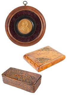 A PAIR OF WOODEN BOXES AND FRAME, INCLUDING ONE CIGARETTE CASE IN KARELIAN BIRCH, WORKMASTER ERIK KOLLIN, ST. PETERSBURG, LATE 19TH CENTURY