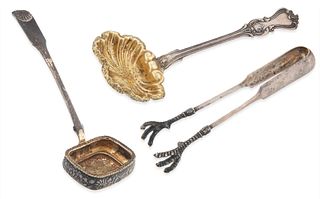A PAIR OF RUSSIAN SILVER STRAINERS TOGETHER WITH TONGS, VARIOUS MAKERS, 19TH CENTURY
