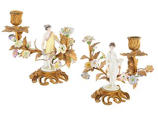 A PAIR OF ORMOLU-MOUNTED CANDLESTICKS WITH DRESDEN STYLE PORCELAIN, LATE 19TH-EARLY 20TH CENTURY