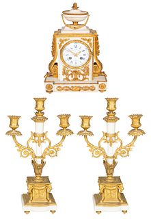 A THREE-PIECE FRENCH ORMOLU-MOUNTED MARBLE DESK CLOCK SET, RAINGO FRERES, PARIS, THIRD QUARTER OF 19TH CENTURY
