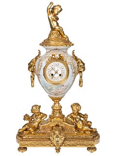 A FRENCH SEVRES STYLE ORMOLU-MOUNTED PORCELAIN MANTLE CLOCK, LATE 19TH CENTURY, RETAILED BY TIFFANY & CO.