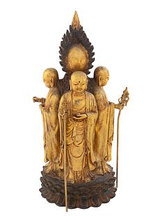 A GILT BRONZE CHINESE SCULPTURAL GROUP OF BUDDHIST MONKS, 19TH CENTURY