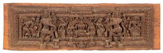 A SOUTHEAST ASIAN CARVED WOOD PANEL OF TEMPLE