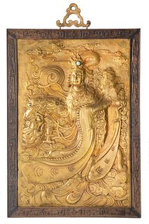 A MODERN EAST ASIAN REPOUSSE COPPER AND HARDSTONE-MOUNTED 'GUANYIN' HANGING SCREEN WITH WOODEN FRAME