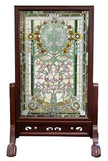 A CONTEMPORARY STAINED GLASS SCREEN WITH WOODEN FRAME