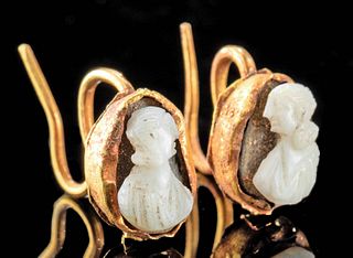 Roman 15K+ Gold Earrings w/ Sardonyx Cameos (pr)