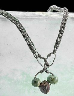 8th C. Viking Silver Necklace Garnet + Greenstones