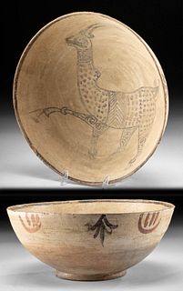 12th C. Islamic Glazed Pottery Bowl w/ Antelope