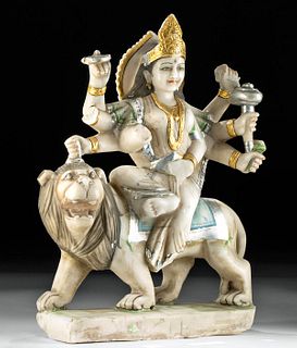 20th C. Indian Marble Carving of Durga & Lion Mount