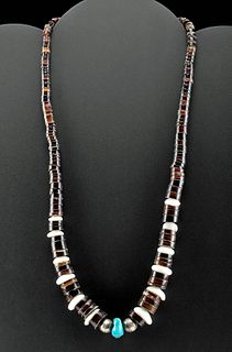 20th C. Native American Shell & Silver Heishi Necklace