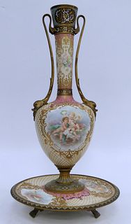 HUGE SEVRES STYLE HAND PAINTED VASE AND TRAY