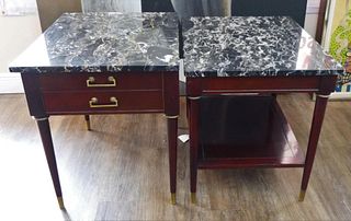 2 FRENCH STYLE MARBLE TOP BEDROOM END TABLES