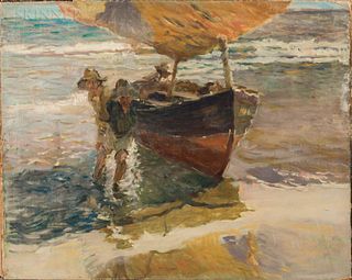 Arthur Clifton Goodwin (American, 1866-1929)      Two Men Beaching a Fishing Boat