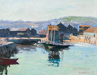 Charles Henry Richert (American, 1880-1974)      Quiet Harbor with Docked Schooner
