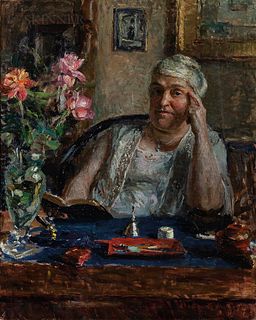 Claxton B. Moulton (American, active c. 1911-1921)      Woman at a Desk, Looking up from Reading