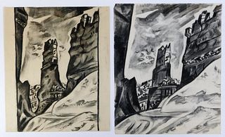2 Otto Plaug Architectural Charcoal Drawings