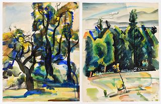 2 Otto Plaug Forest Landscape WC Paintings