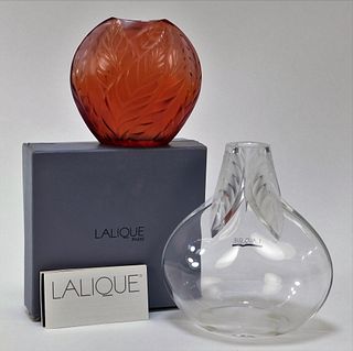 2PC Lalique France Amber Crystal Floral Vase Group