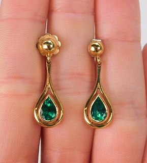 18K Gold Channel Set Pear Shape Emerald Earrings
