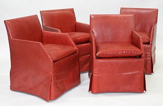 4 MCM Modern Raspberry Leather Arm Chairs