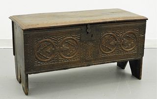 17C. English Colonial Carved Oak Blanket Chest