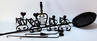 9PC American Country Forged Iron Andiron Group