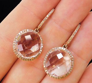 Estate 14K Rose Gold Rock Crystal Diamond Earrings